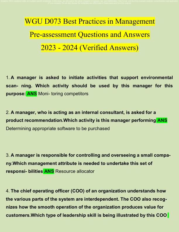 mobile-preview-WGU D073 Best Practices in Management Pre-assessment Questions and Answers 2023 - 2024 (Verified Answers)