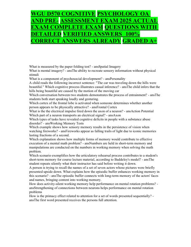mobile-preview-WGU D570 COGNITIVE PSYCHOLOGY OA AND PRE- ASSESSMENT EXAM 2025 ACTUAL EXAM COMPLETE EXAM QUESTIONS WITH DETAILED VERIFIED ANSWERS 100% CORRECT ANSWERS ALREADY GRADED A+