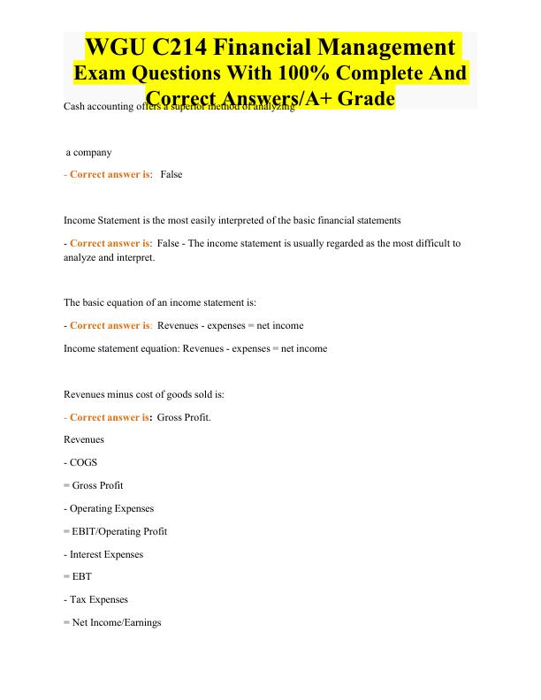 mobile-preview-WGU C214 Financial Management Exam Questions With 100% Complete And Correct AnswersA+ Grade