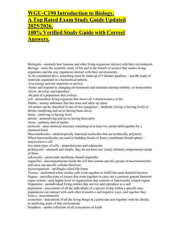 mobile-preview-WGU-C190 Introduction to Biology. A Top Rated Exam Study Guide Updated 20252026 100% Verified Study Guide with Correct Answers