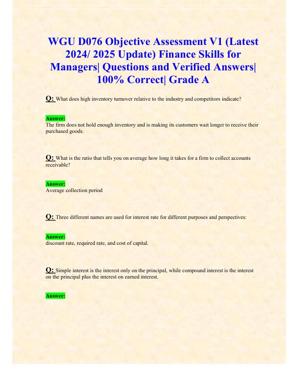 mobile-preview-WGU D076 Objective Assessment V1 (Latest 2024 2025 Update) Finance Skills for Managers Questions and Verified Answers 100% Correct Grade A+