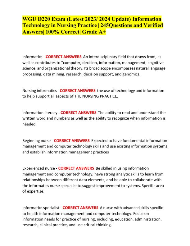 mobile-preview-WGU D220 Exam (Latest 2023 2024 Update) Information Technology in Nursing Practice  245Questions and Verified Answers 100% Correct Grade A+