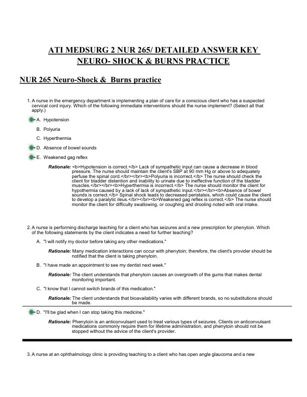 mobile-preview-ATI MEDSURG 2 NUR 265 DETAILED ANSWER KEY NEURO- SHOCK & BURNS PRACTICE