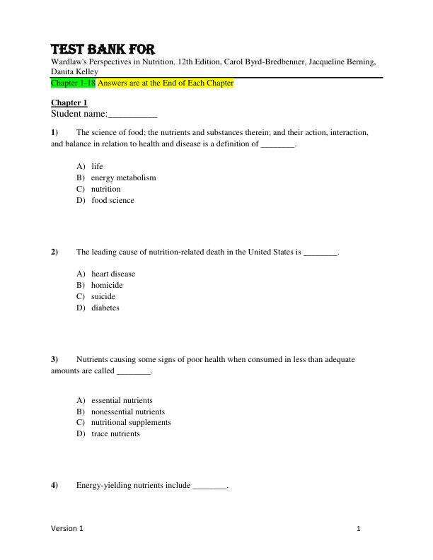 Test Bank For Wardlaw's Perspectives in Nutrition, 12th Edition,by Carol Byrd-Bredbenner, Jacqueline Berning, Danita Kelley Chapter 1-18