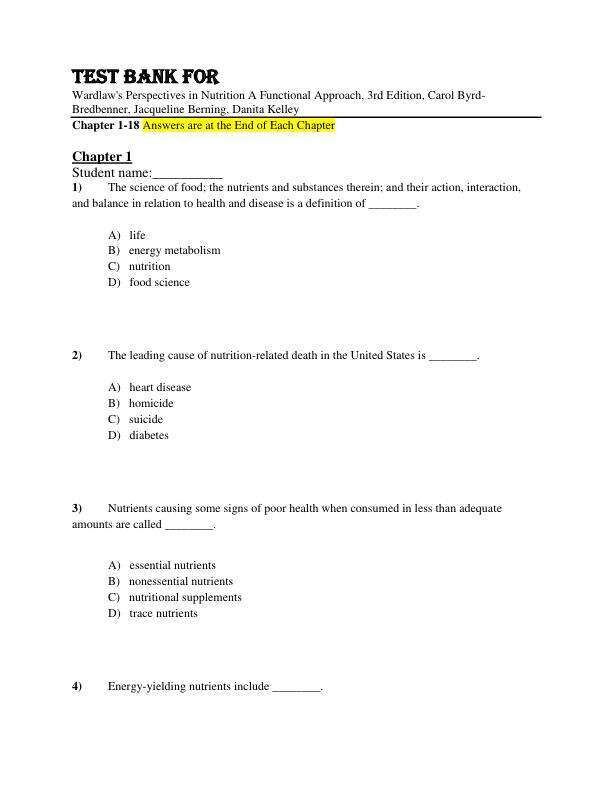 Test Bank For Wardlaw's Perspectives in Nutrition A Functional Approach, 3rd Edition,by Carol Byrd-Bredbenner, Jacqueline Berning, Danita Kelley Chapter 1-18