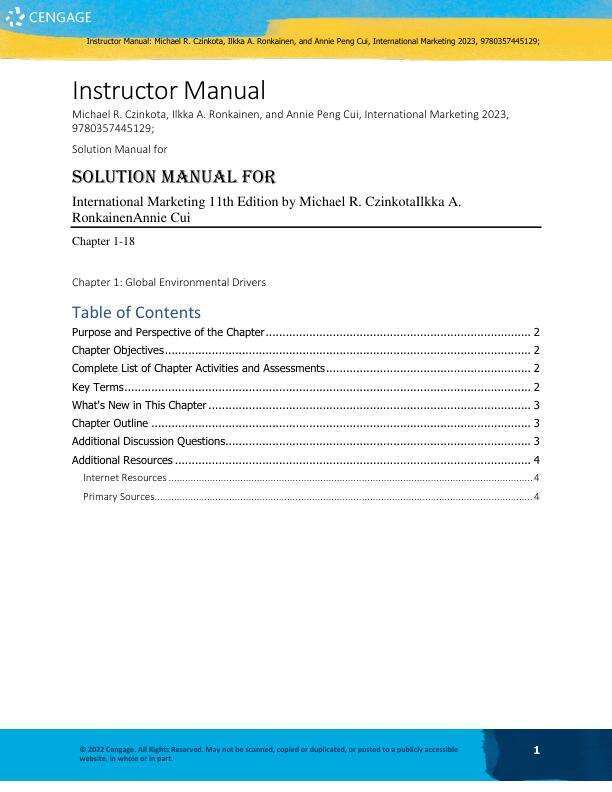 Solution Manual For International Marketing 11th Edition by Michael R. CzinkotaIlkka A. RonkainenAnnie Cui Chapter -18