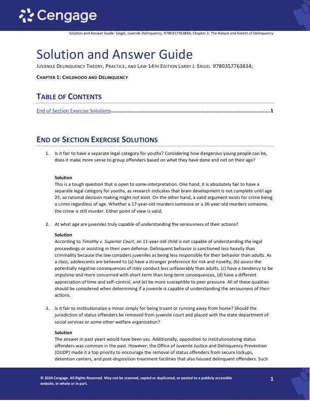 Solution Manual For Juvenile Delinquency Theory, Practice, and Law 14th Edition by Larry J. Siegel Chapter 1-15
