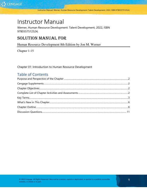 Solution Manual For Human Resource Development 8th Edition by Jon M. Werner Chapter 1-15