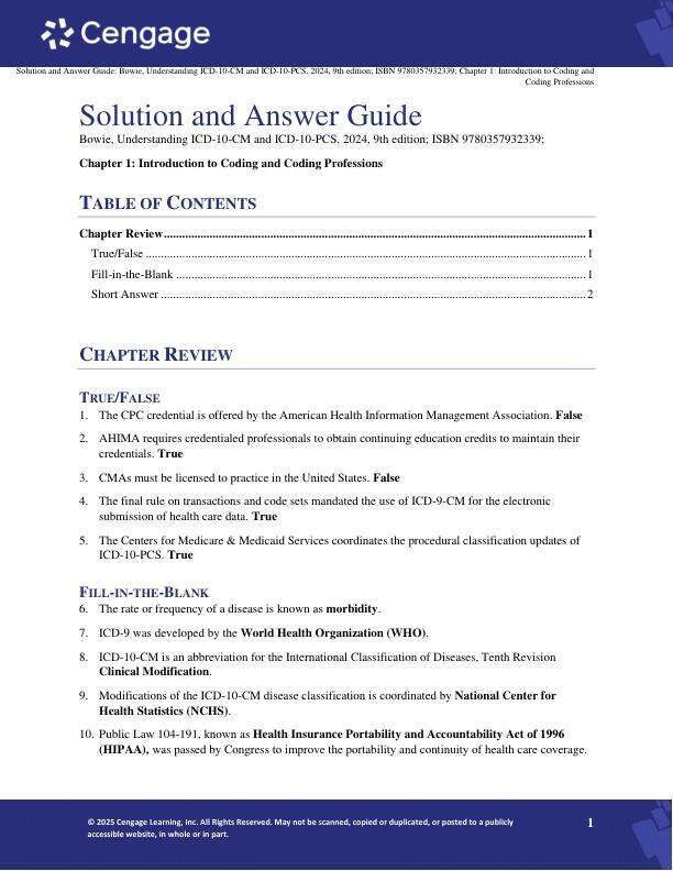 Solution Manual For Understanding ICD-10-CM and ICD-10-PCS A Worktext, 2024 Edition 9th Edition by Mary Jo Bowie Chapter 1-38