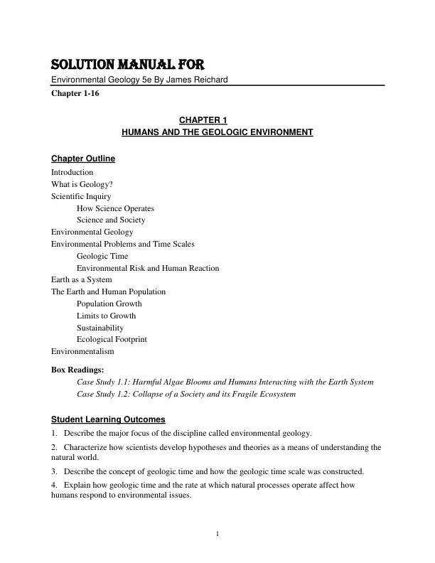 Solution Manual For Environmental Geology 5th Edition By James Reichard Chapter 1-16