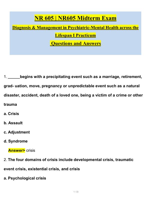 NR 605 NR605 Midterm Exam Diagnosis & Management in Psychiatric-Mental Health across the Lifespan Questions and Answers