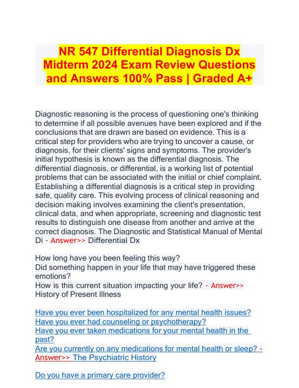 NR 547 Differential Diagnosis Dx Midterm 2024 Exam Review Questions and Answers 100% Pass  Graded A+