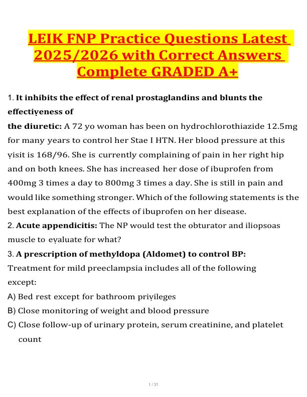 LEIK FNP Practice Questions Latest  20252026 with Correct Answers  Complete GRADED A+