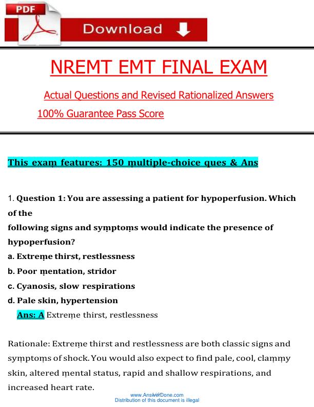NREMT EMT FINAL EXAM Actual Questions and Revised Rationalized Answers 100% Guarantee Pass Score