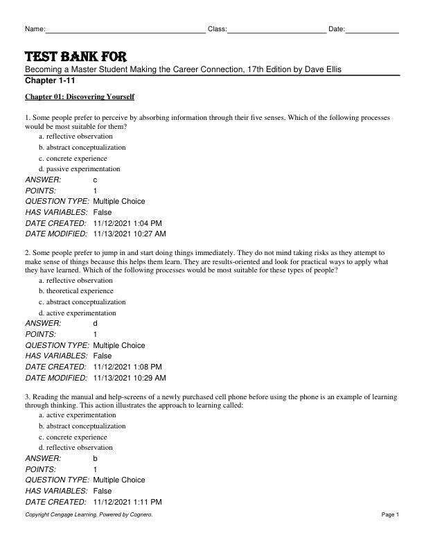 Test Bank For Becoming a Master Student Making the Career Connection, 17th Edition by Dave Ellis Chapter 1-11