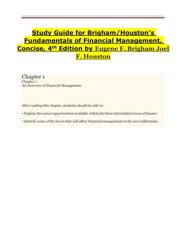 Study Guide for Brigham Houston’s Fundamentals of Financial Management, Concise, 4th Edition by Eugene F. Brigham Joel F. Houston