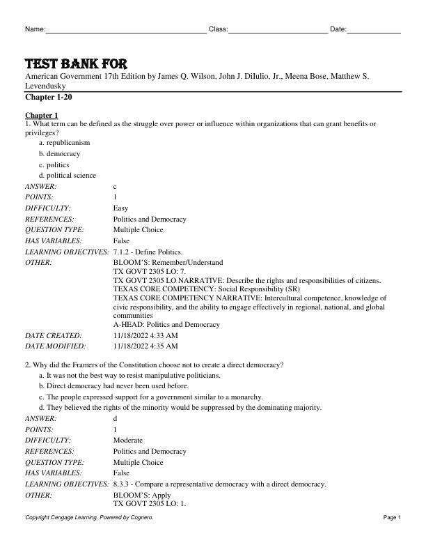 Test Bank For American Government 17th Edition by James Q. Wilson, John J. DiIulio, Jr., Meena Bose, Matthew S. Levendusky Chapter 1-20