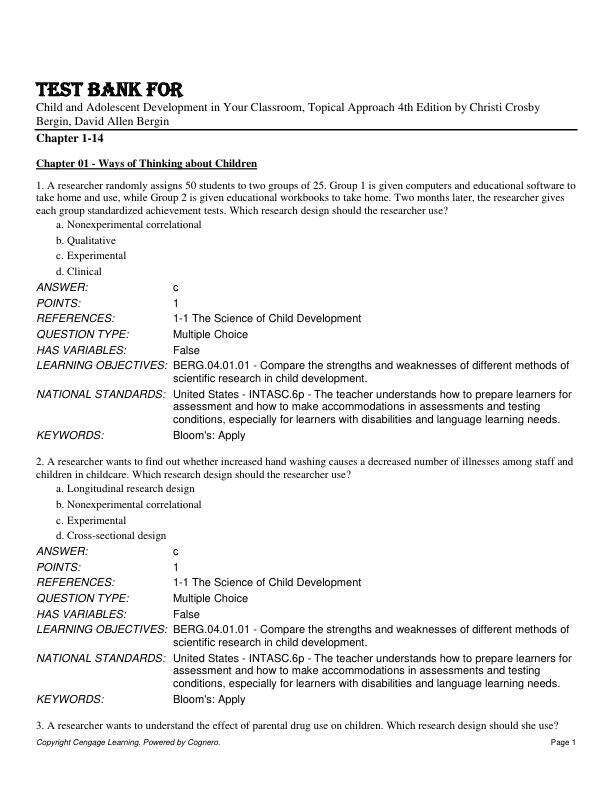 Test Bank For Child and Adolescent Development in Your Classroom, Topical Approach 4th Edition by Christi Crosby Bergin, David Allen Bergin Chapter 1-14