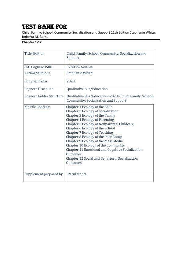 Test Bank For Child, Family, School, Community Socialization and Support 11th Edition by Stephanie White, Roberta M. Berns Chapter 1-12