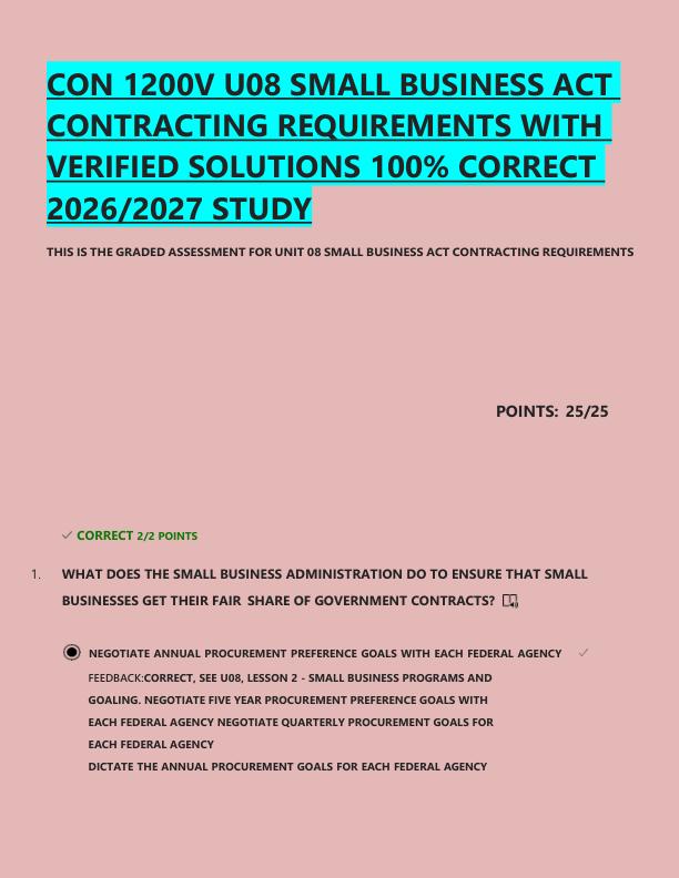 mobile-preview-CON 1200V U08 SMALL BUSINESS ACT  CONTRACTING REQUIREMENTS WITH  VERIFIED SOLUTIONS 100% CORRECT  2026/2027 STUDY