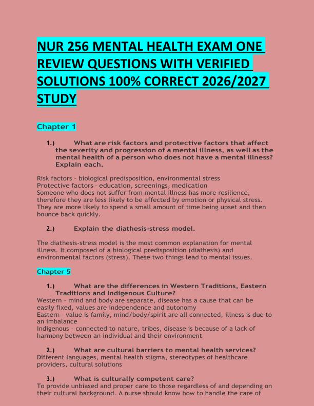 mobile-preview-NUR 256 MENTAL HEALTH EXAM ONE  REVIEW QUESTIONS WITH VERIFIED  SOLUTIONS 100% CORRECT 2026/2027  STUDY