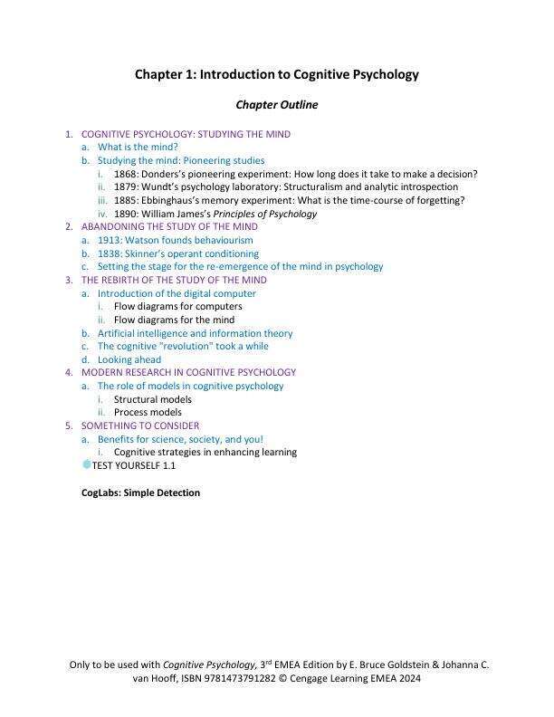 Test Bank for Cognitive Psychology 3rd Edition by E. Bruce Goldstein, Johanna C. van Hooff Chapter 1-13.