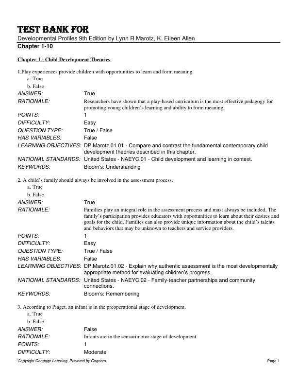Test Bank For Developmental Profiles 9th Edition by Lynn R Marotz, K. Eileen Allen Chapter 1-10