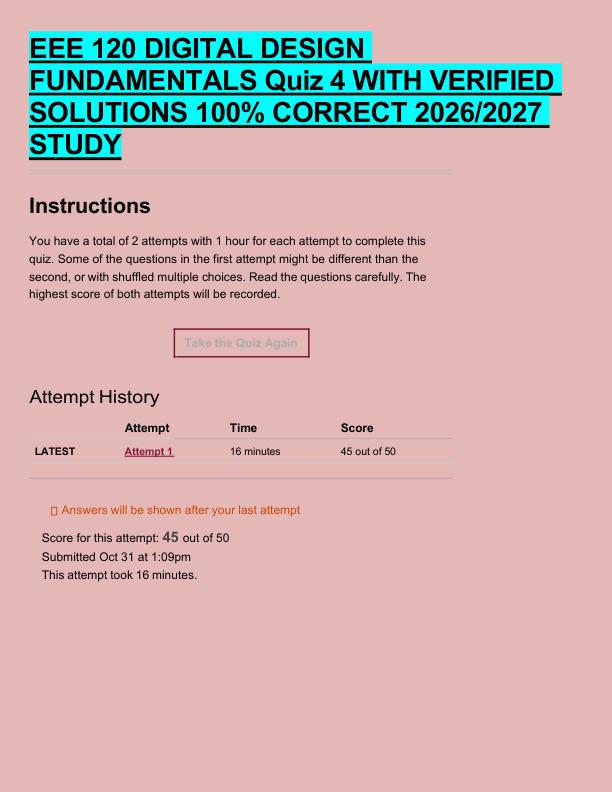 mobile-preview-EEE 120 DIGITAL DESIGN  FUNDAMENTALS Quiz 4 WITH VERIFIED  SOLUTIONS 100% CORRECT 2026/2027  STUDY 