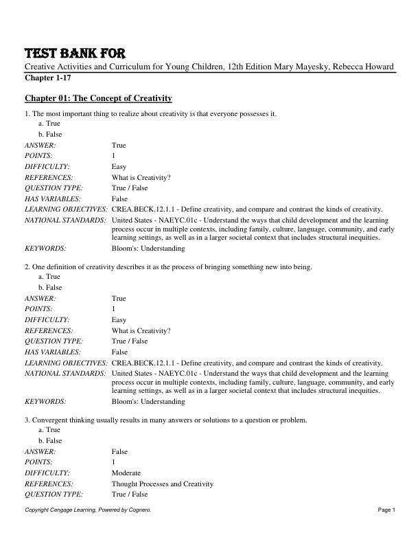 Test Bank For Creative Activities and Curriculum for Young Children, 12th Edition by Mary Mayesky, Rebecca Howard Chapter 1-17