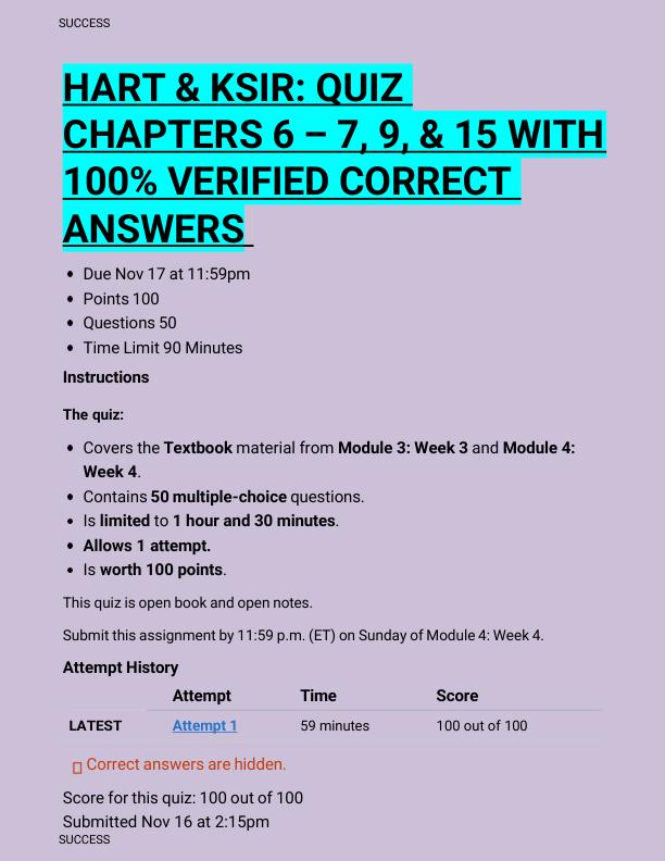 HART & KSIR: QUIZ  CHAPTERS 6 – 7, 9, & 15 WITH  100% VERIFIED CORRECT  ANSWERS