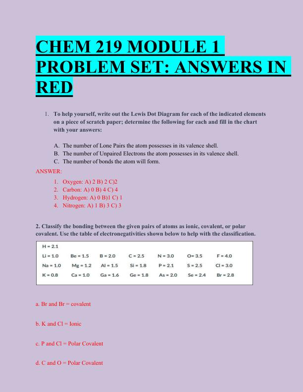 CHEM 219 MODULE 1  PROBLEM SET: ANSWERS IN  RED 