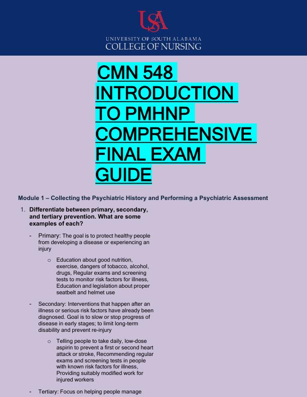 CMN 548  INTRODUCTION  TO PMHNP  COMPREHENSIVE  FINAL EXAM  GUIDE