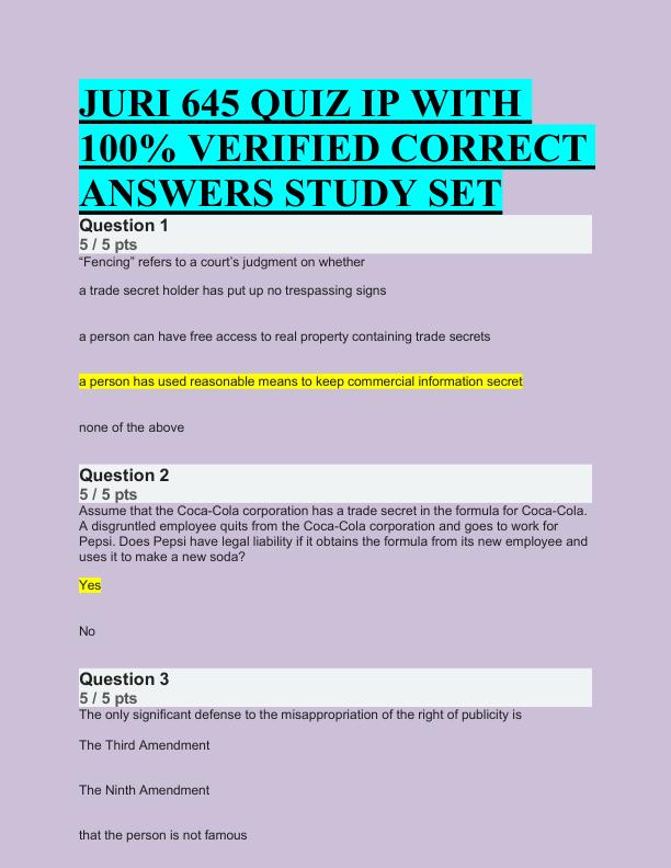 mobile-preview-JURI 645 QUIZ IP WITH  100% VERIFIED CORRECT  ANSWERS STUDY SET 