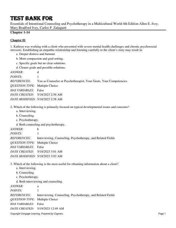Test Bank For Essentials of Intentional Counseling and Psychotherapy in a Multicultural World 4th Edition by Allen E. Ivey, Mary Bradford Ivey, Carlos P. Zalaquett Chapter 1-14