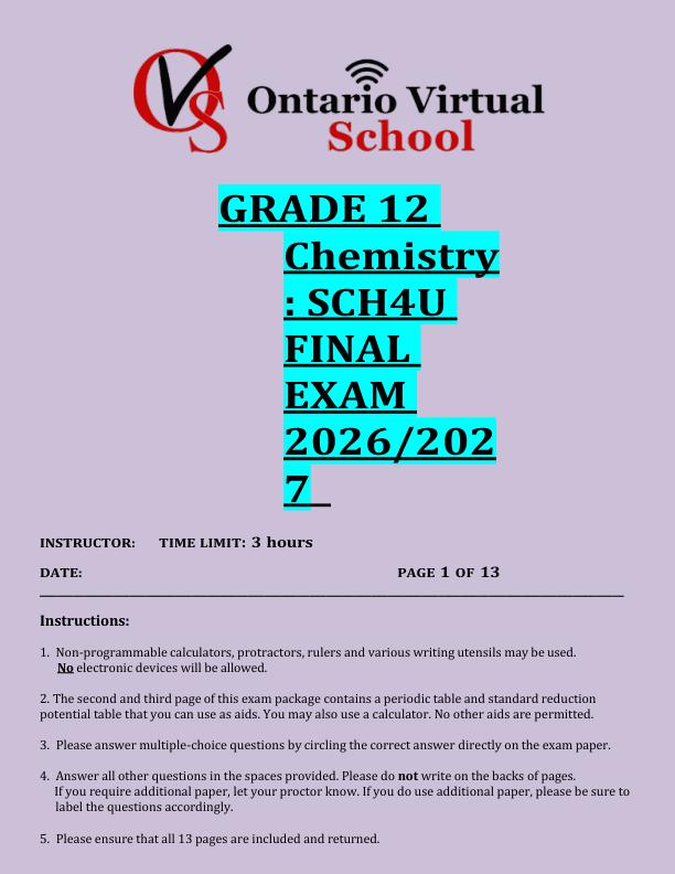GRADE 12  Chemistry : SCH4U  FINAL  EXAM  2026/202 7 
