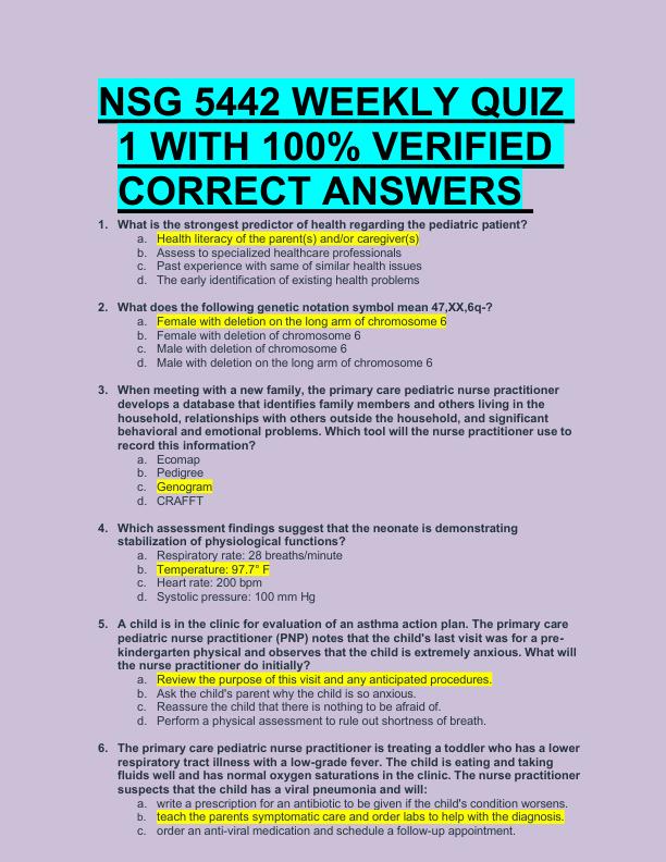 NSG 5442 WEEKLY QUIZ  1 WITH 100% VERIFIED  CORRECT ANSWERS 