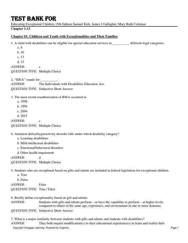 Test Bank For Educating Exceptional Children 15th Edition by Samuel Kirk, James J Gallagher, Mary Ruth Colem Chapter 1-13