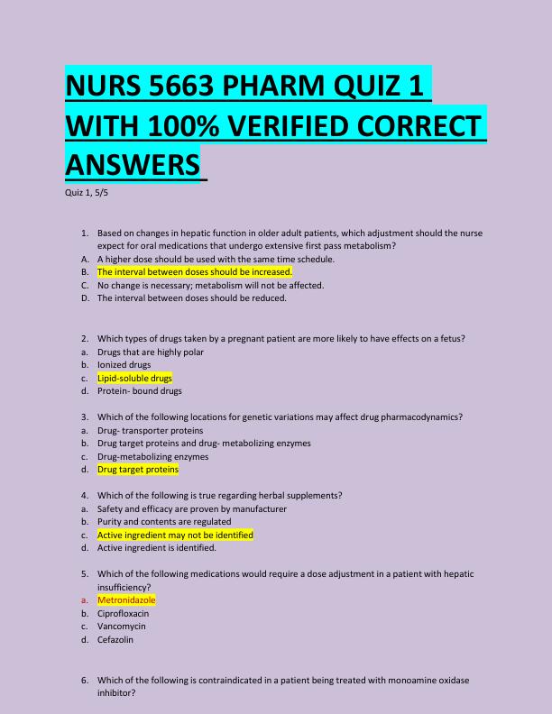 NURS 5663 PHARM QUIZ 1  WITH 100% VERIFIED CORRECT  ANSWERS 