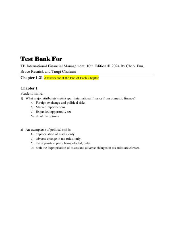 mobile-preview-Test Bank For International Financial Management, 10th Edition © 2024 By Cheol Eun, Bruce Resnick and Tuugi Chuluun Chapter 1-21