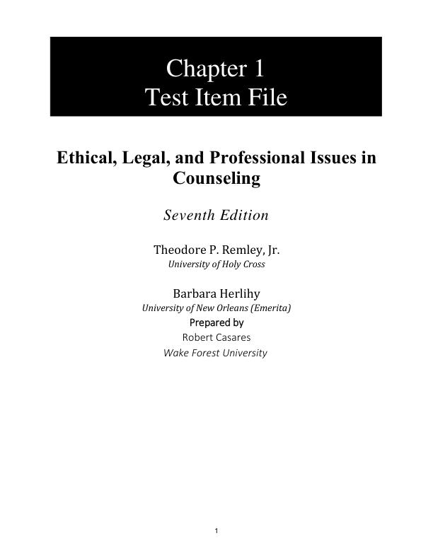 mobile-preview-Test Bank For Ethical, Legal, and Professional Issues in Counseling, 7th Edition by Theodore P. Remley Barbara P. Herlihy Chapter 1-16