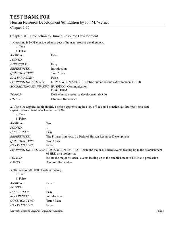 Test Bank For Human Resource Development 8th Edition by Jon M. Werner Chapter 1-15