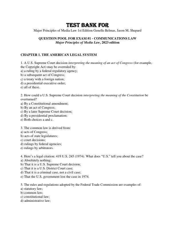 Test Bank For Major Principles of Media Law 1st Edition by Genelle Belmas, Jason M. Shepard