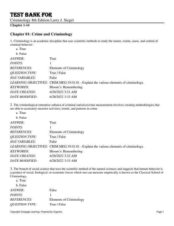 Test Bank For Criminology 8th Edition by Larry J. Siegel Chapter Chapter 1-14