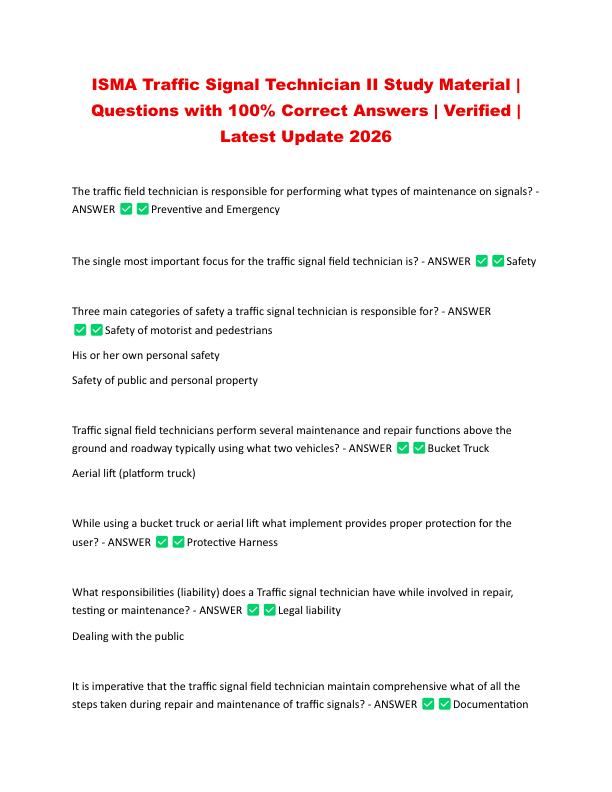 ISMA Traffic Signal Technician II Study Material |  Questions with 100% Correct Answers | Verified |  Latest Update 2026 
