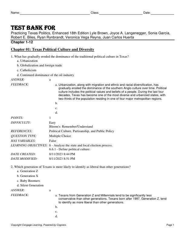 Test Bank For Practicing Texas Politics, Enhanced 18th Edition by Lyle Brown, Joyce A. Langenegger, Sonia García, Robert E. Biles, Ryan Rynbrandt, Veronica Vega Reyna, Juan Carlos Huerta Chapter 1-12