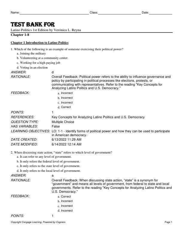 Test Bank For Latino Politics 1st Edition by Verónica L. Reyna Chapter 1-8