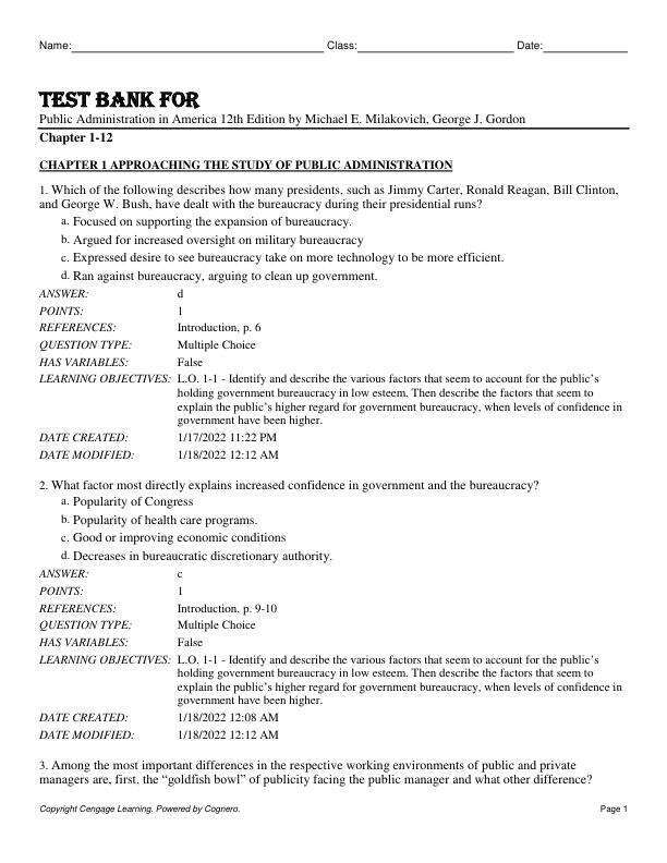 Test Bank For Public Administration in America 12th Edition by Michael E. Milakovich, George J. Gordon Chapter 1-12