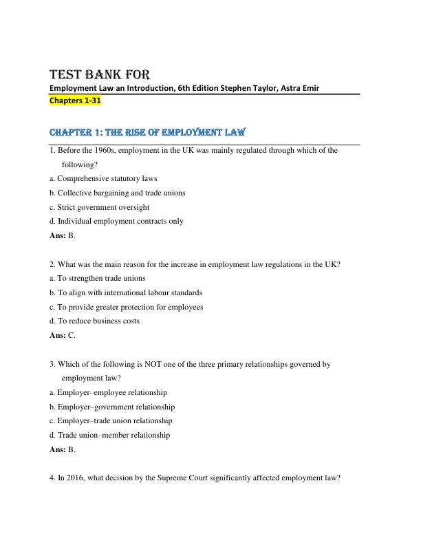 Test Bank for Employment Law An Introduction,Sixth Edition Stephen Taylor, Astra Emir