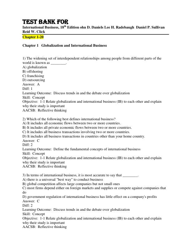 Test Bank for International Business, 18th edition ohn D. Daniels  Lee H. Radebaugh  Daniel P. Sullivan  Reid W. Click