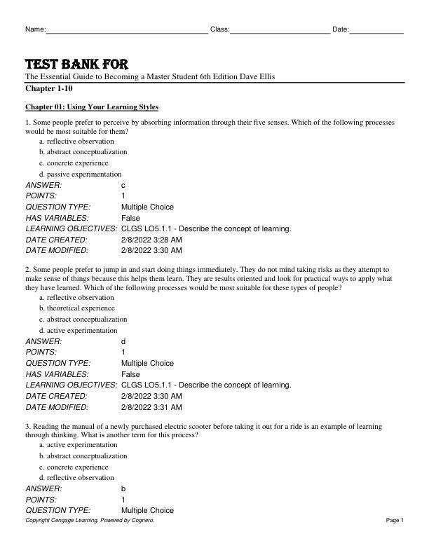 Test Bank For The Essential Guide to Becoming a Master Student 6th Edition by Dave Ellis Chapter 1-10